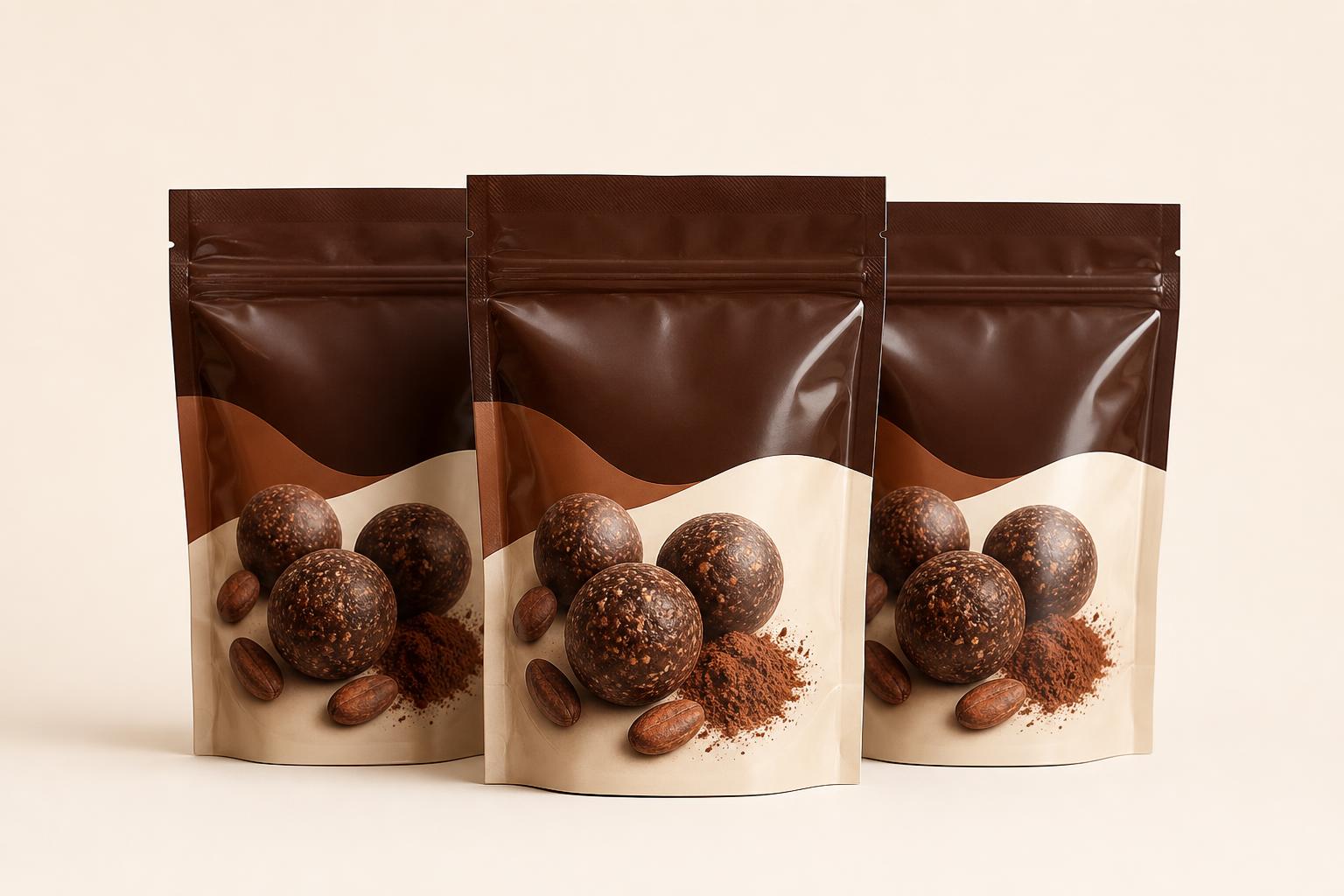 Three pouches of KYAK cacao energy balls