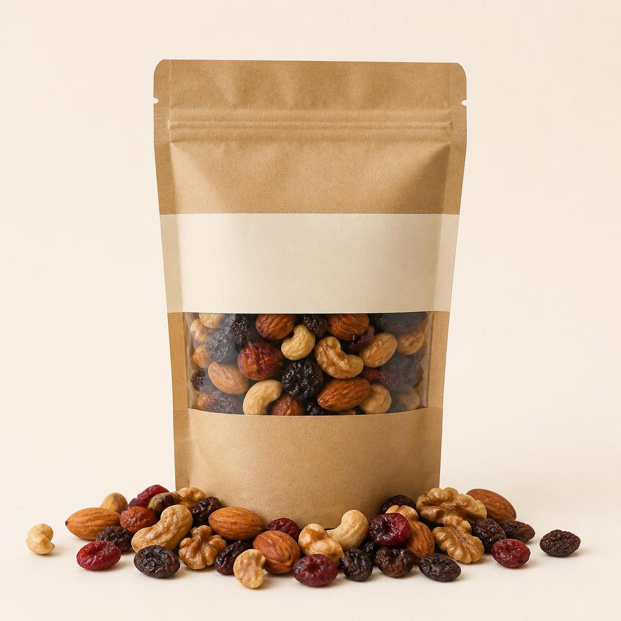 KYAK trail mix kraft pouch with scattered nuts