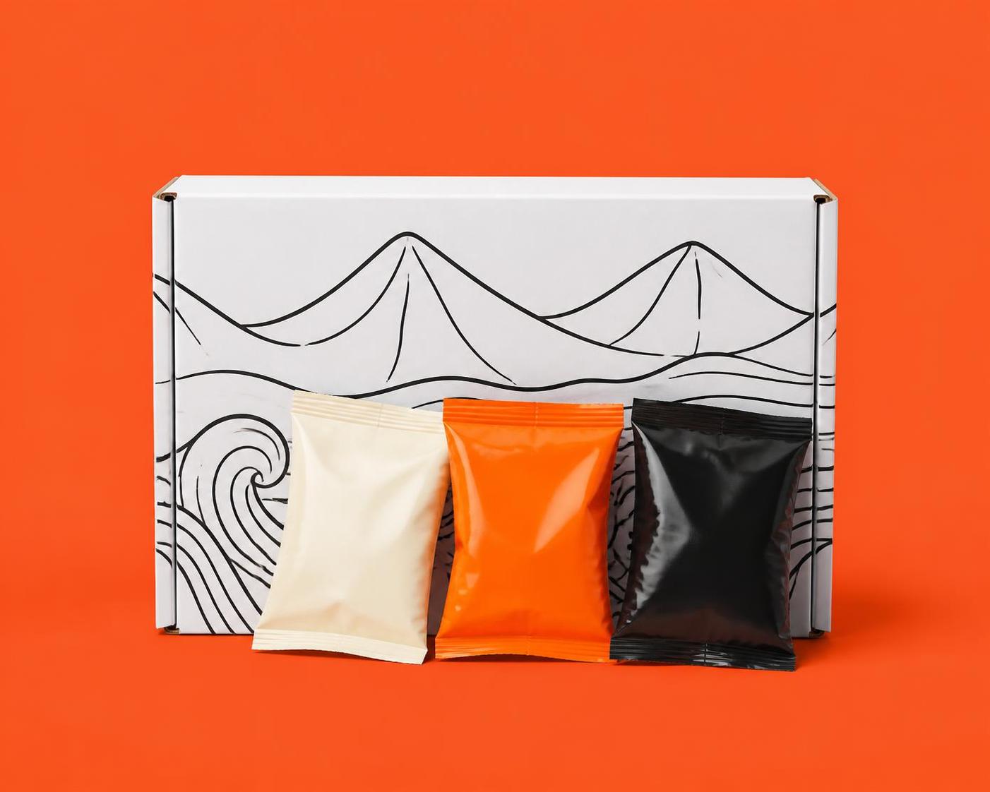 KYAK variety box with three snack pouches on orange