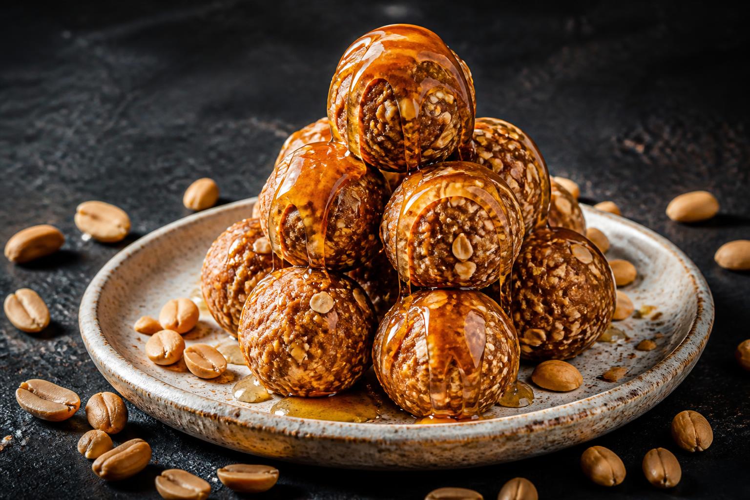 Energy balls with honey drizzle on a ceramic plate